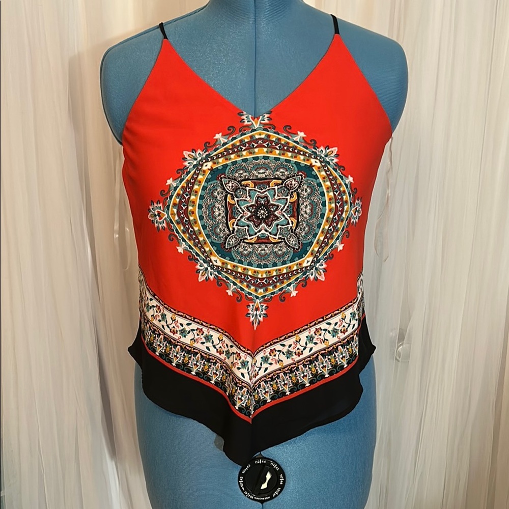 by & by Orange and Black Asymmetrical Graphic Camisole